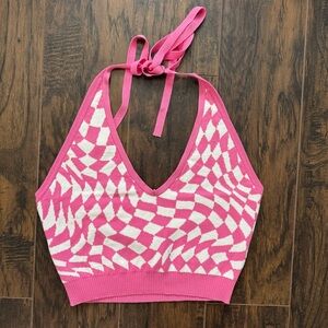 Better Be Large Pink and White Warped Checkerboard Cropped Halter Top